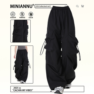 女装 女黑色宽松显瘦休闲裤 胖mm美式 风多口袋阔腿裤 工装 300斤大码