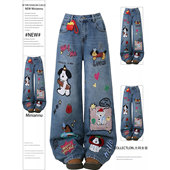 胖mm蓝色卡通刺绣牛仔裤 裤 女高腰显瘦直筒裤 型超好看 子 版 特大码