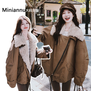高街羊羔毛棉服女胖mm韩系工装 美式 高级感厚外套 女装 300斤特大码