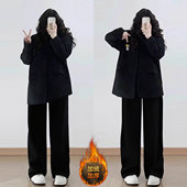 300斤大码 子 女复古宽松加厚直筒长裤 女装 胖mm黑色休闲加绒牛仔裤