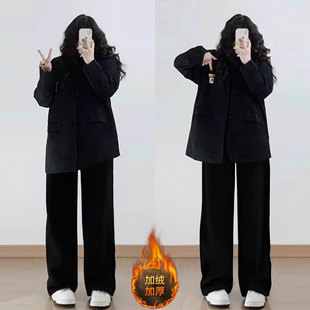 女复古宽松加厚直筒长裤 胖mm黑色休闲加绒牛仔裤 子 女装 300斤大码