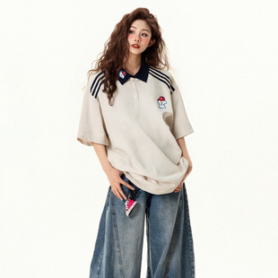 特大码 上衣 胖mm灰色小狗刺绣设计感短袖 t恤女学生条纹拼接polo衫