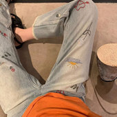 梨型身材不贴腿显瘦直筒裤 女春季 子 蓝色刺绣九分牛仔裤 胖mm特大码