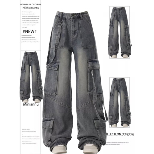 美式 胖mm高腰显瘦多口袋学生直筒裤 复古工装 女新款 子 牛仔裤 特大码