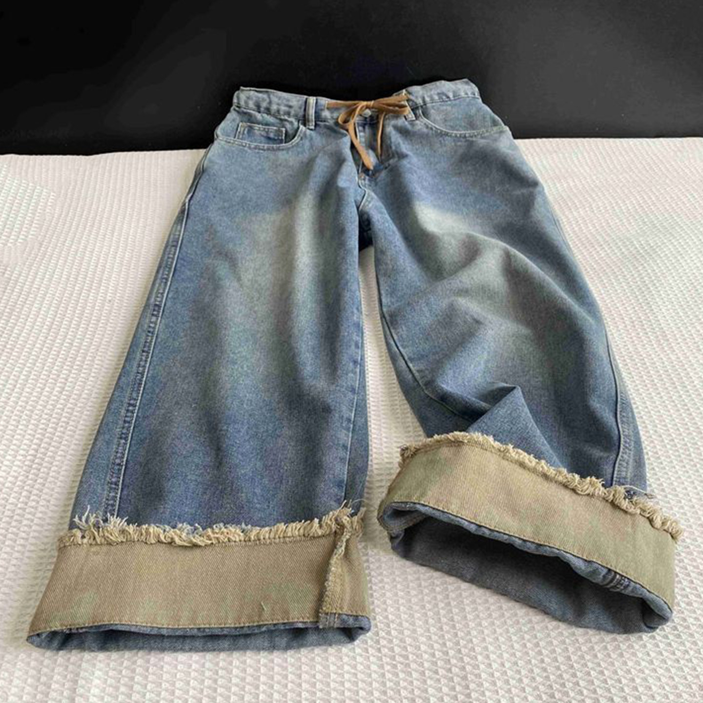 特大码胖mm蓝色卷边牛仔裤女胖mm梨型身材显瘦抽绳设计直筒九分裤,女装/女士精品,大码裤装,淘宝优惠券,粉丝福利购,淘宝优惠卷