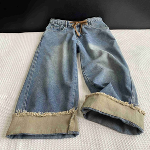 女胖mm梨型身材显瘦抽绳设计直筒九分裤 特大码 胖mm蓝色卷边牛仔裤