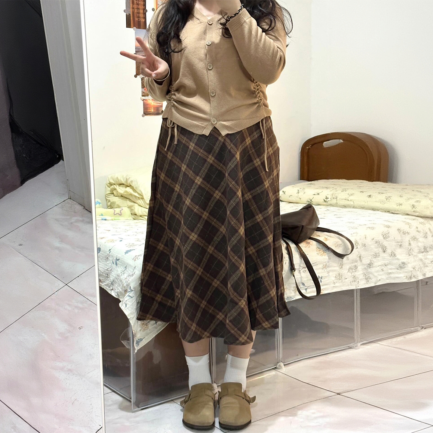 大码女装棕色休闲风a字毛呢半裙