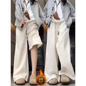 胖mm杏色加绒糯米裤 子冬季 羊羔绒休闲裤 300斤大码 甜美学生直筒裤