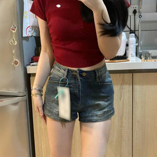 子 特大码 女装 胖mm复古蓝牛仔短裤 女高腰弹力显瘦水洗百搭a字热裤