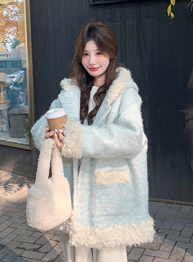 300斤大码女装蓝色连帽毛呢外套女秋冬胖mm保暖加厚羊羔毛呢大衣