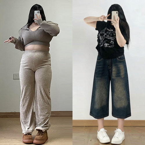 胖mm特大码女装水洗做旧七分裤女