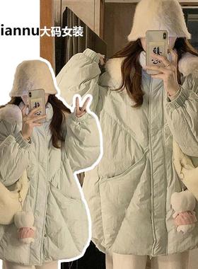 300斤大码女装高级感蓝绿色棉服女胖mm大毛领减龄学院风加厚外套