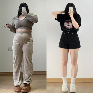 胖mm大码女装黑色高腰阔腿牛仔短裤女夏季显瘦百搭辣妹a字热裤子