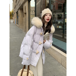 大码 胖mm紫色牛角扣棉服女韩系宽松大毛领加厚连帽面包服外套 女装