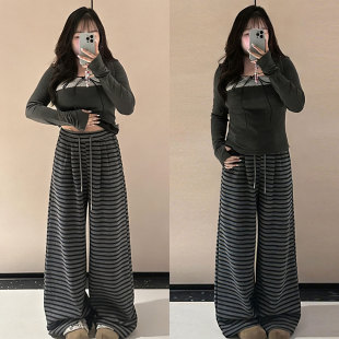宽松直筒裤 胖mm大码 女高级感时尚 慵懒风百搭休闲条纹阔腿裤 子 女装