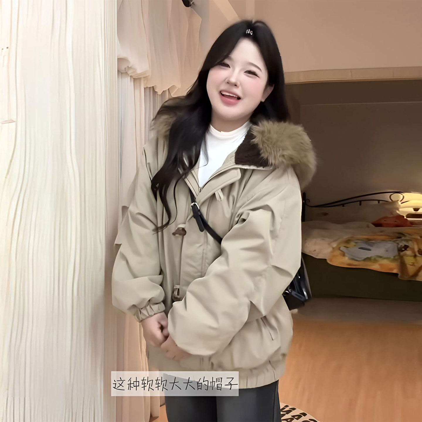 大码女装胖mm卡其色加厚保暖棉服女学生韩系慵懒风牛角扣连帽外套,女装/女士精品,大码棉服,淘宝优惠券,粉丝福利购,淘宝优惠卷