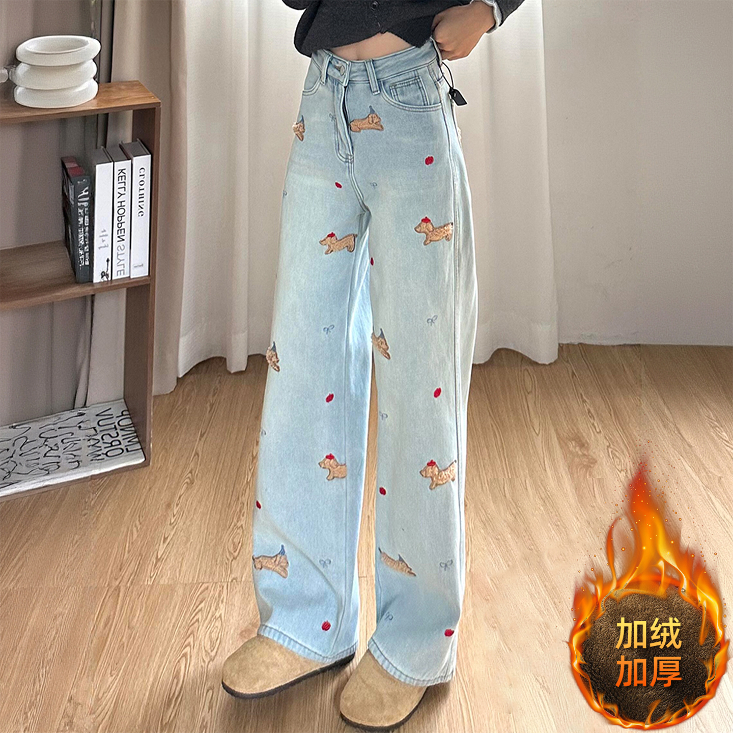 大码女装胖mm简约百搭刺绣长裤子