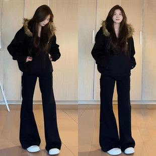 高街弹力设计感小个子喇叭裤 女2025新款 子 黑色微喇牛仔裤 胖mm大码