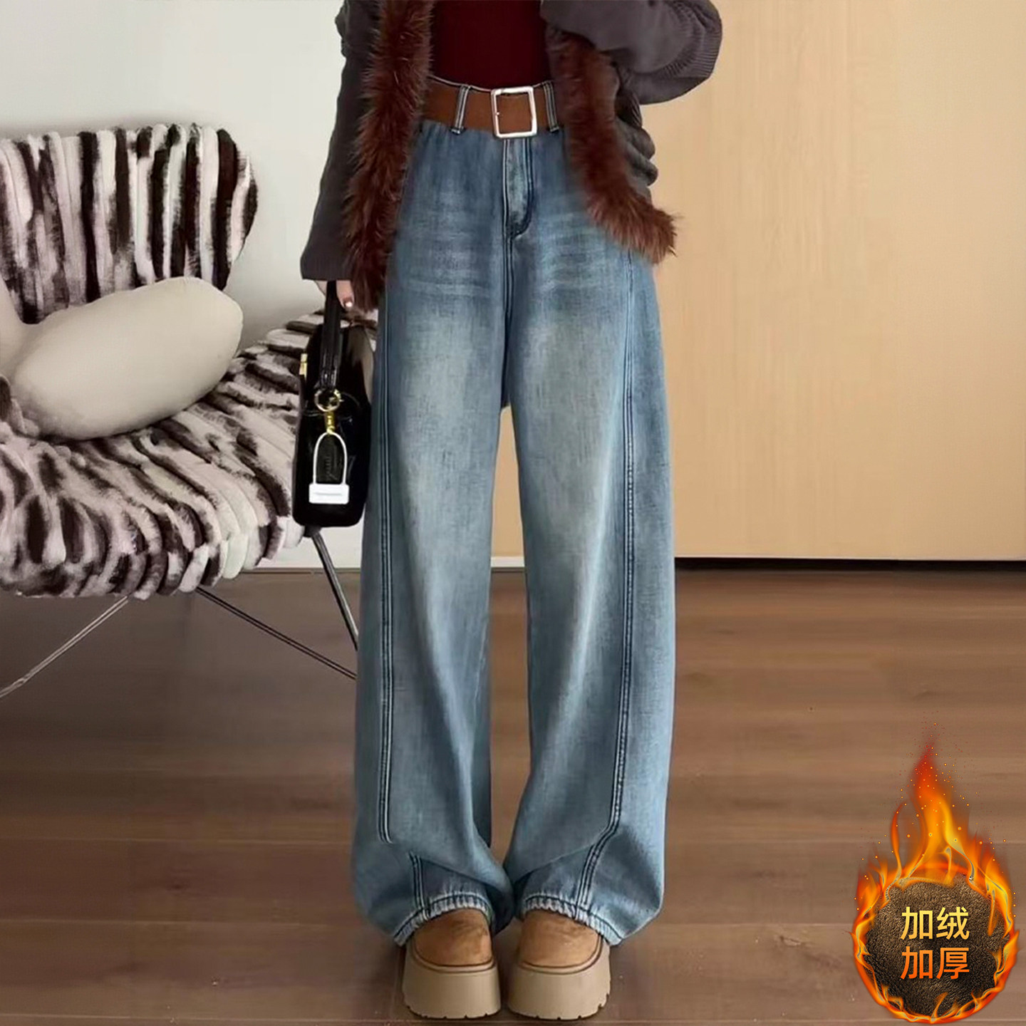 大码女装美式高街加绒牛仔裤女冬季胖mm蓝色厚裤子韩版ins直筒裤,女装/女士精品,大码裤装,淘宝优惠券,粉丝福利购,淘宝优惠卷