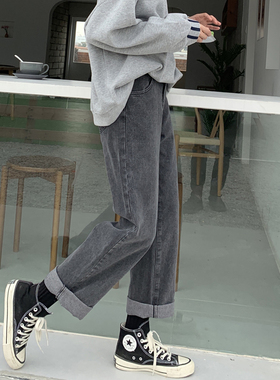 300斤特大码胖mm高腰烟灰色加绒加厚牛仔裤女宽松显瘦直筒阔腿裤