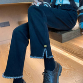 子显瘦九分烟管裤 300斤大码 女装 裤 胖mm黑色弹力直筒牛仔裤 女韩版