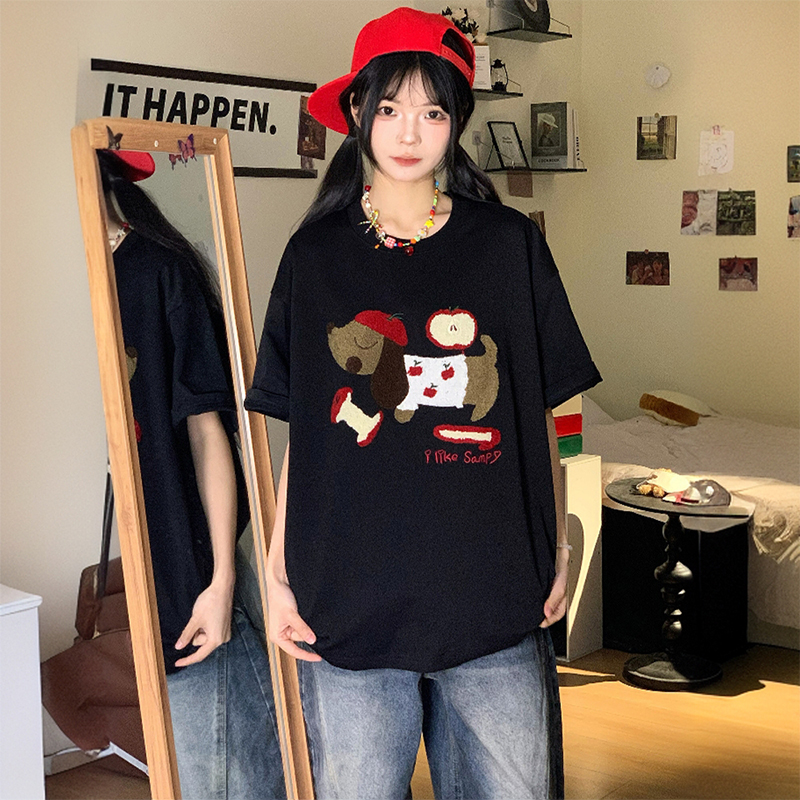 特大码胖mm黑色圆领短袖t恤女2025新款宽松显瘦小众别致半袖上衣