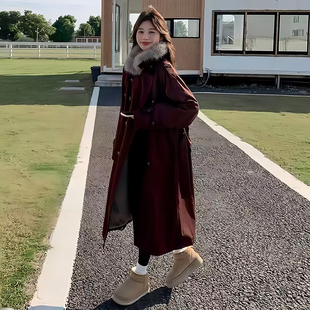 棉服女冬季 胖mm高级感安可拉红长款 加绒加厚毛领风衣外套 女装 大码