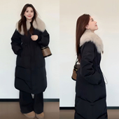 胖mm大码 小众设计感大毛领棉衣 棉服女冬季 女装 黑色加厚保暖中长款