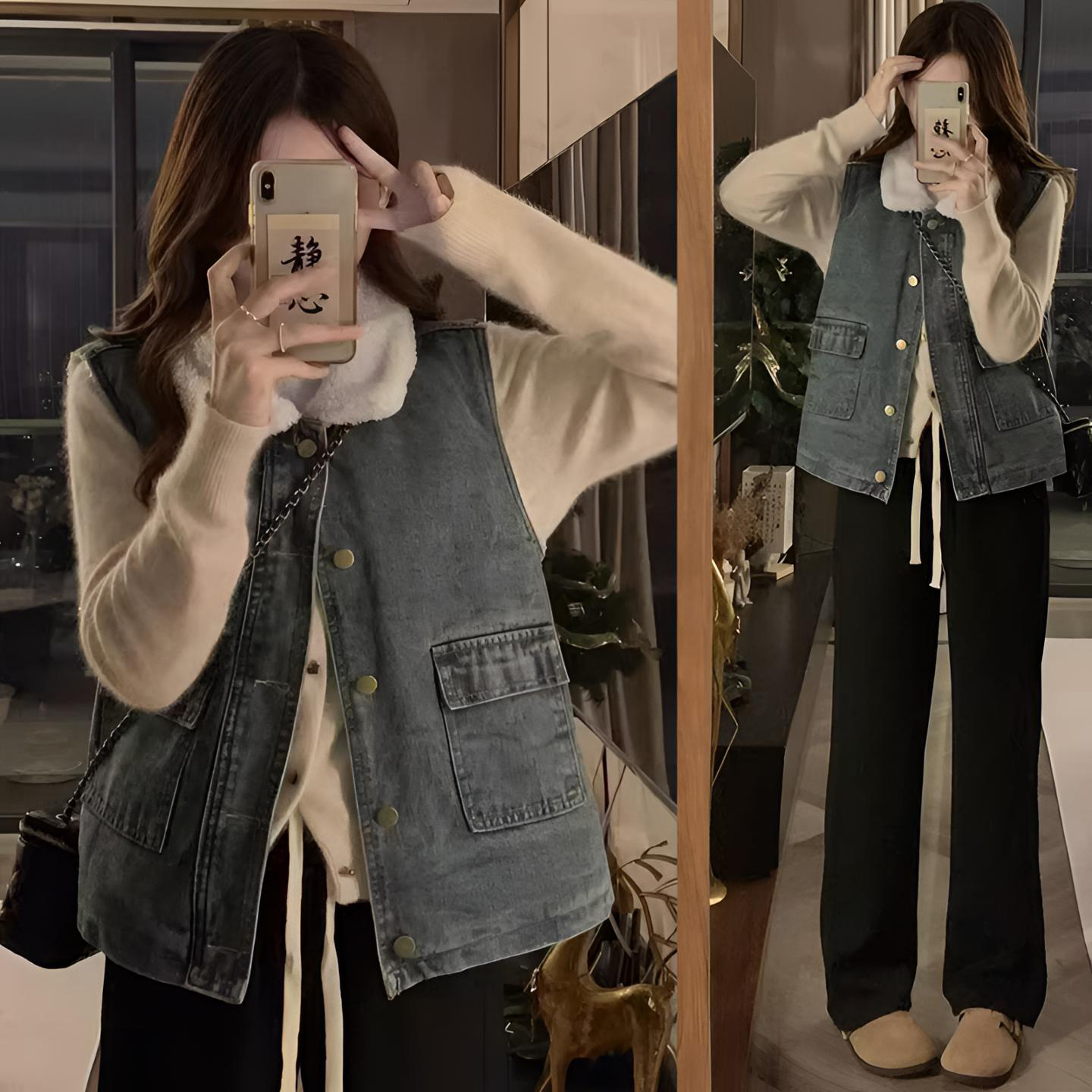 胖mm大码女装休闲百搭羊羔毛马甲背心女冬季加厚保暖无袖牛仔外套