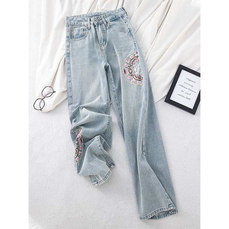 特大码新中式国风刺绣显瘦长裤女