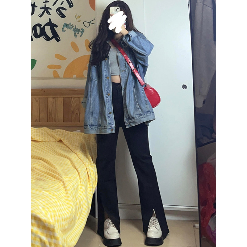 特大码美式ins黑色显瘦开叉长裤