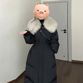 厚外套女冬季 300斤胖mm大码 黑色中长款 毛领收腰显瘦过膝羽绒棉服