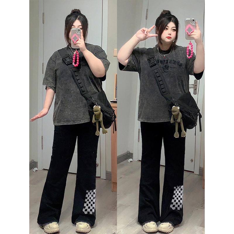 特大码复古ins棋盘格毛边长裤女