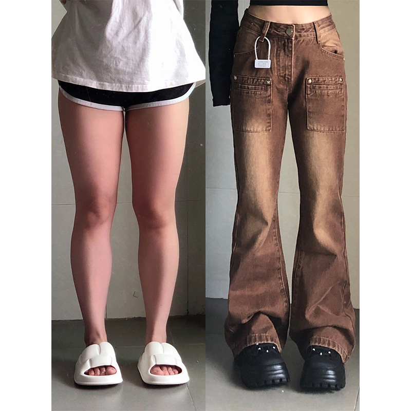 特大码胖mm早秋棕色直筒牛仔裤女