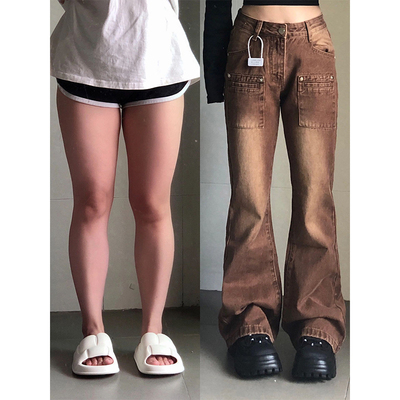 特大码胖mm早秋棕色直筒牛仔裤女