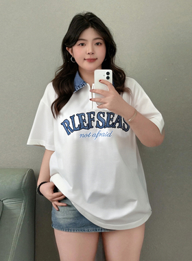 300斤大码美式字母刺绣polo领短袖t恤女胖mm宽松显瘦白色半袖上衣