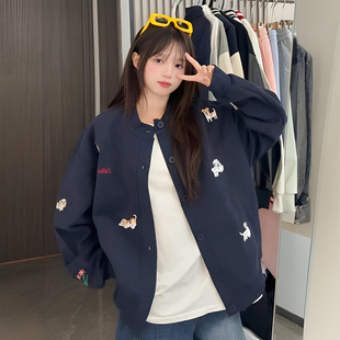 宽松慵懒风开衫 卡通刺绣棒球服外套女胖mm美式 卫衣 女装 300斤大码
