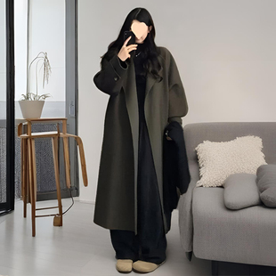 大衣 简约百搭中长款 300斤特大码 橄榄色慵懒风毛呢外套女胖mm韩版