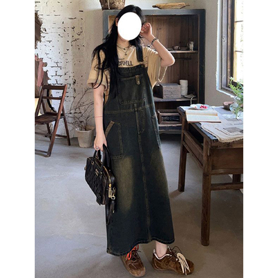 特大码复古ins显瘦背带牛仔裙子