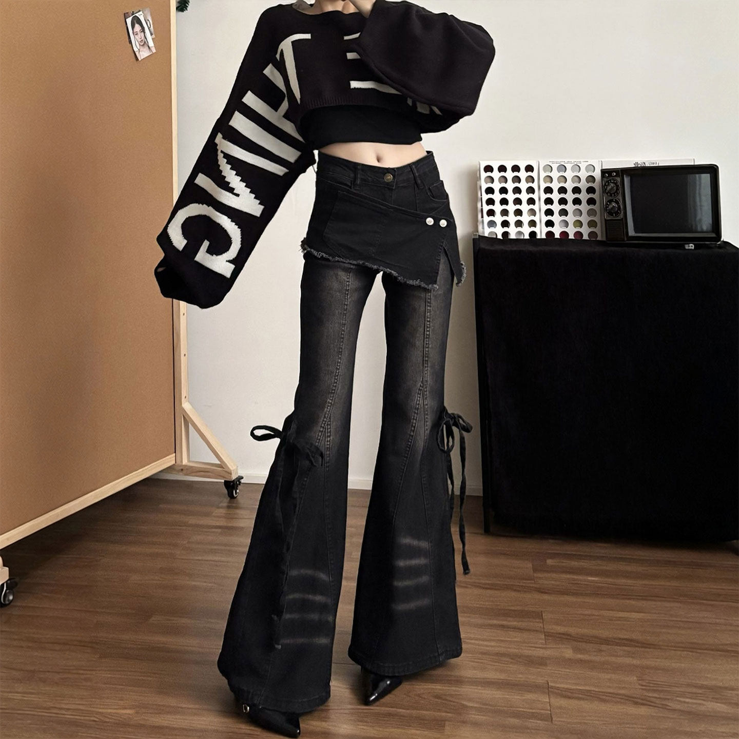 大码女装胖mm黑色牛仔裤女春季美式穿搭弹力设计感假两件微喇裤子,女装/女士精品,大码裤装,淘宝优惠券,粉丝福利购,淘宝优惠卷