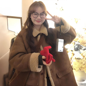 大码 女装 胖mm棕色加绒加厚羊羔毛外套女学生慵懒风百搭棉衣外套潮