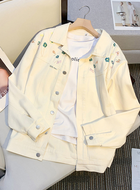 300斤大码胖mm高级感刺绣白色牛仔外套女春季宽松休闲夹克上衣女