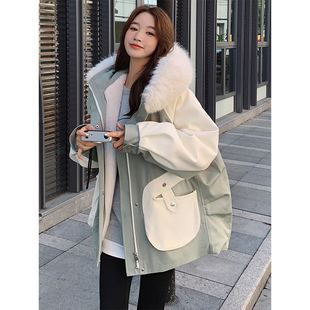 派克棉服女胖mm高级感加绒加厚显瘦外套 豆绿色大毛领工装 大码 女装