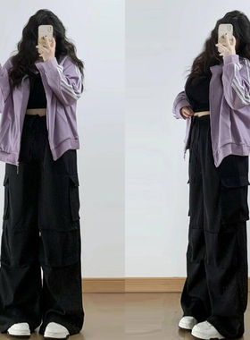 300斤大码女装韩系穿搭黑色休闲裤女胖mm辣妹风学生工装阔腿裤子