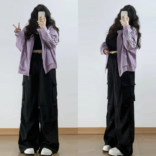 阔腿裤 300斤大码 女胖mm辣妹风学生工装 韩系穿搭黑色休闲裤 子 女装