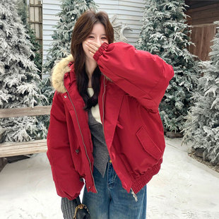 显瘦减龄加厚保暖棉服 胖mm韩系穿搭红色外套女高级感时尚 大码 女装