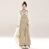 连体裤 大码 女胖mm卡其色裤 子复古街头工装 女装 韩系穿搭牛仔背带裤