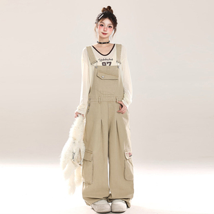女装 连体裤 韩系穿搭牛仔背带裤 子复古街头工装 女胖mm卡其色裤 大码