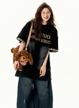 300斤大码女装韩系学院风黑色圆领t恤女胖mm复古百搭时髦短袖上衣