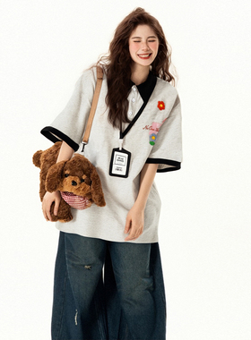 300斤特大码女装胖mm美式刺绣polo领短袖t恤女夏季宽松设计感上衣